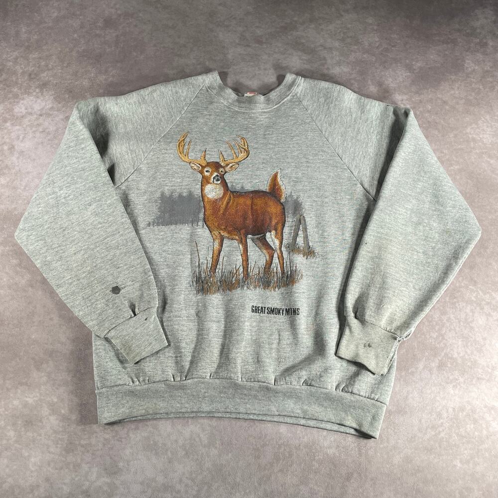 80's 90's Deer Nature Great Smoky Mountains Raglan Sweatshirt Large Vintage Doe